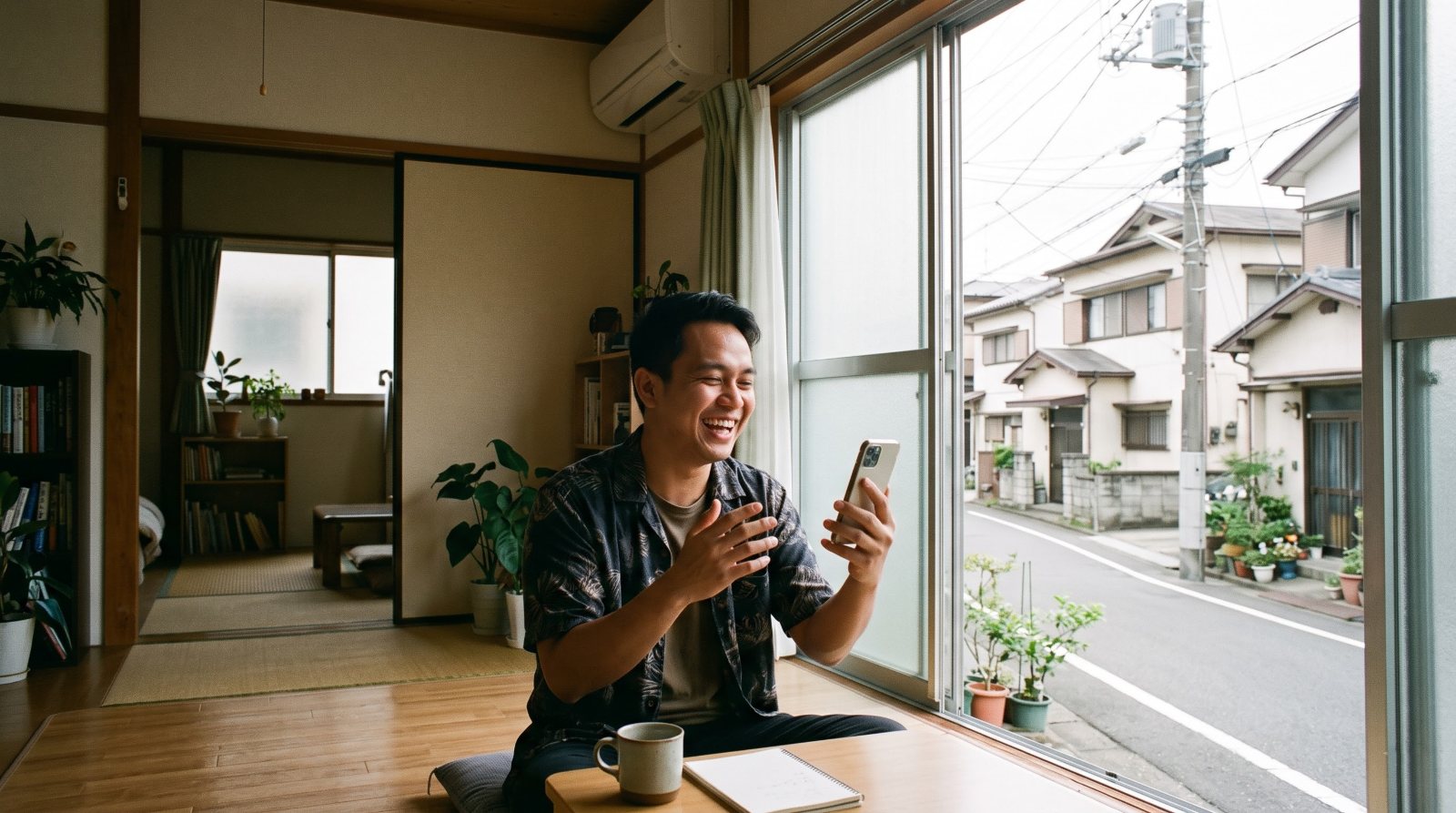 A man laughing on a video call with family from his apartment in Japan