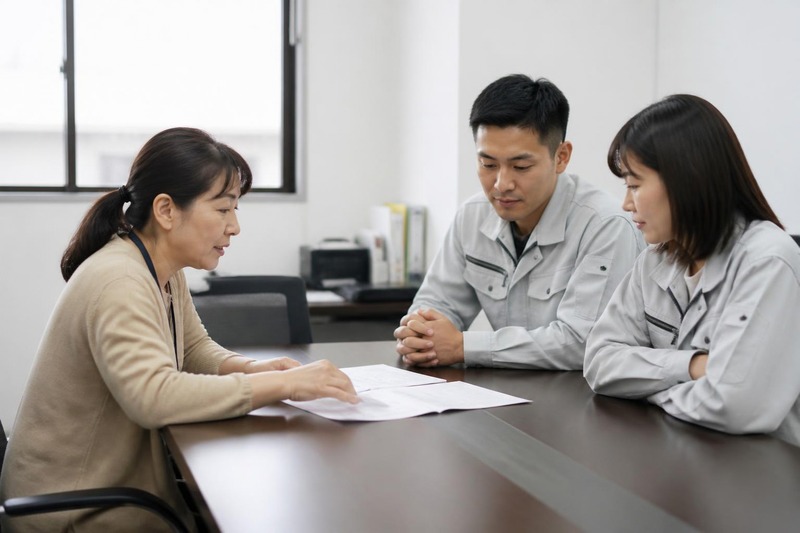 An HR coordinator going through papers with two workers