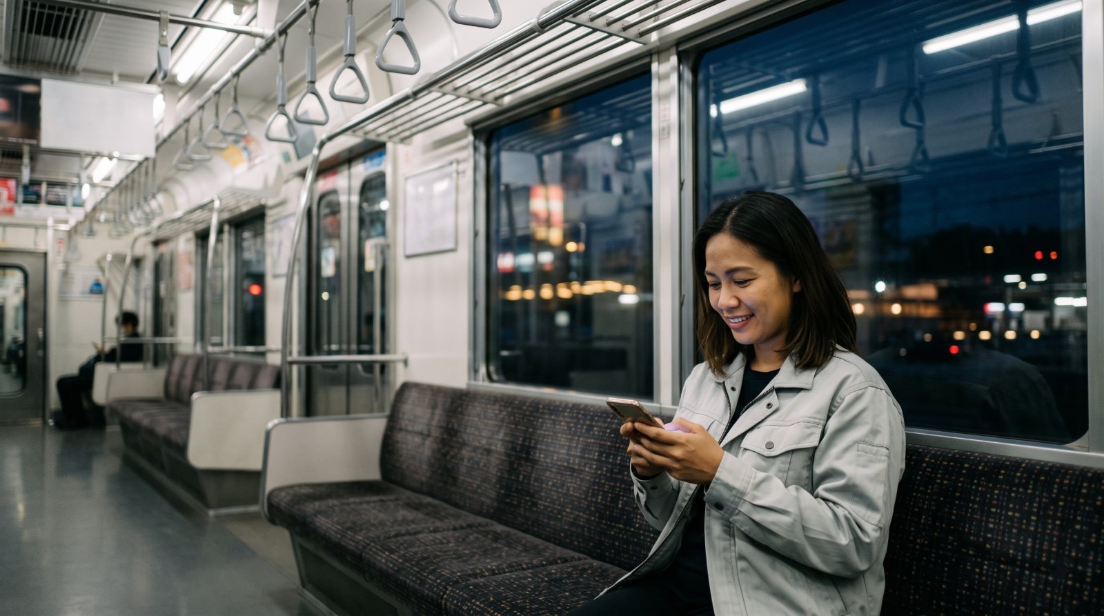 A woman in a work jacket smiling as she types a message on the train home