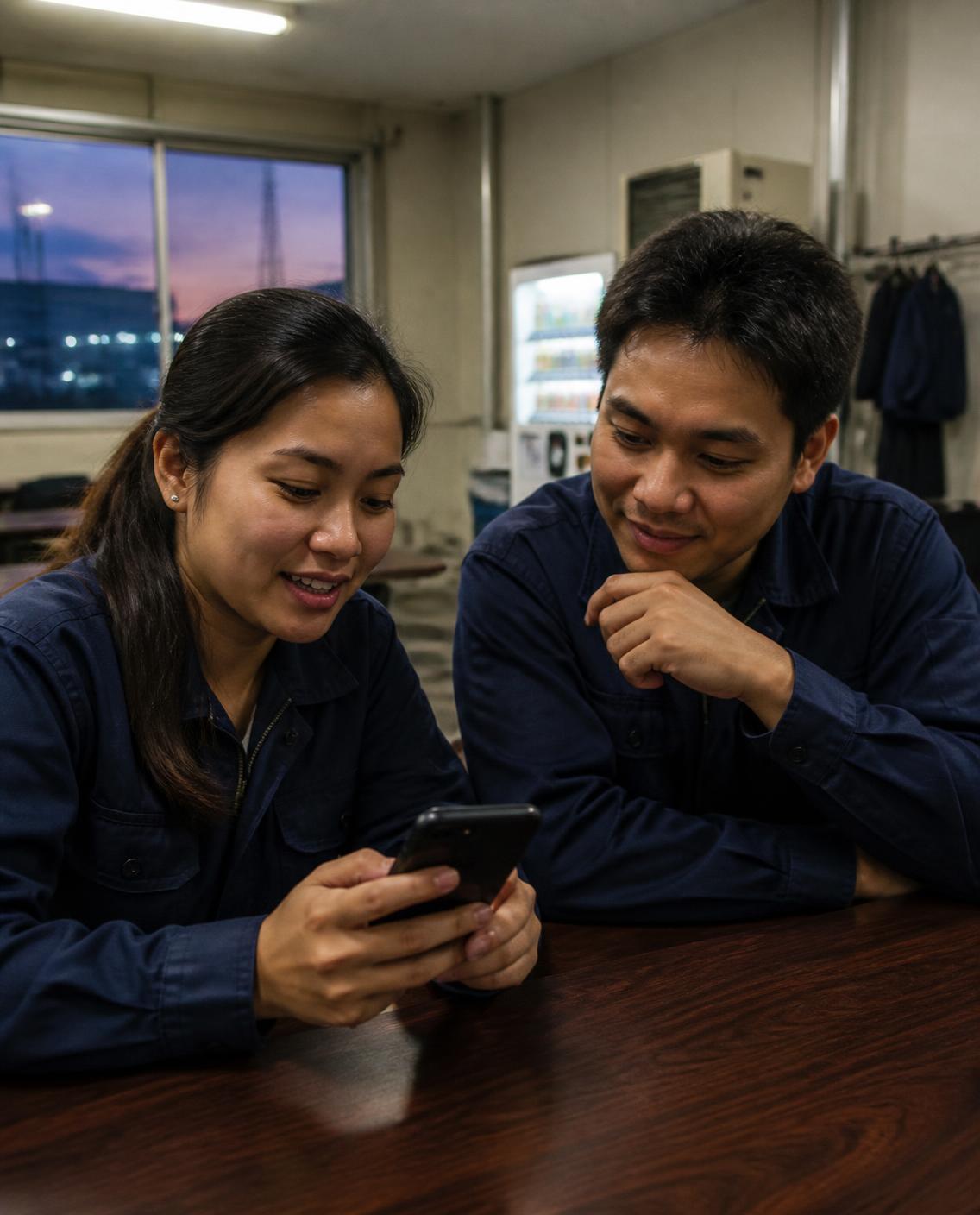 Two coworkers on a break, one showing the other something on her phone