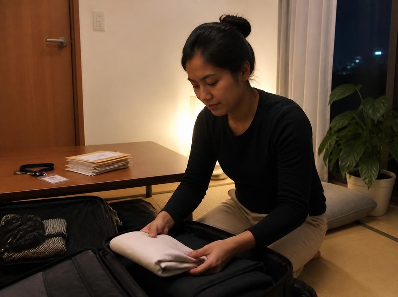 A woman folding clothes into a suitcase in a small apartment